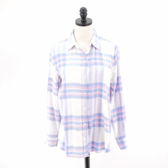 Banana Republic Boyfriend Fit White Pink Blue Flannel Plaid Button Front Small - Picture 1 of 9